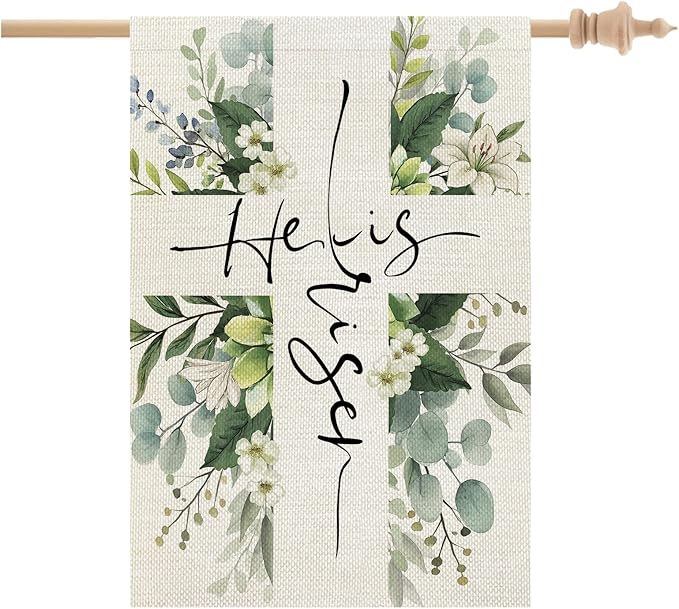 CROWNED BEAUTY Easter House Flag Floral Cross He is Risen 28x40 Inch Double Sided Large Holiday Welcome Decoration for Outside Yard