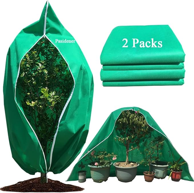Pasidener Plant Covers Freeze Protection 2 Packs 75" X55" 2.2oz Tree Covers Frost Plant Covers Freeze Cloth for Outdoor Plants with Zipper Drawstring