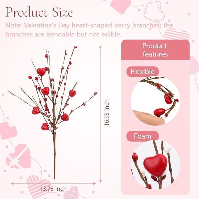 4Pcs Artificial Mother's Day Decorations Red Heart Berry Stems Heart Shaped Berry Gifts Flowers for Wedding Anniversary Party Supplies Decor