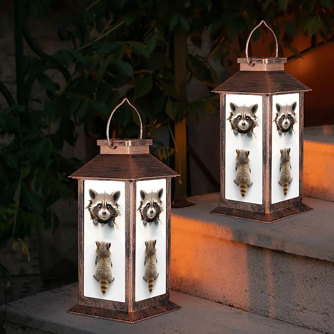 Pawatee Solar Hanging Lanterns, Bronze, Raccoon Style, 3 LED, Waterproof, Ideal for Garden, Patio, Lawn, and Porch