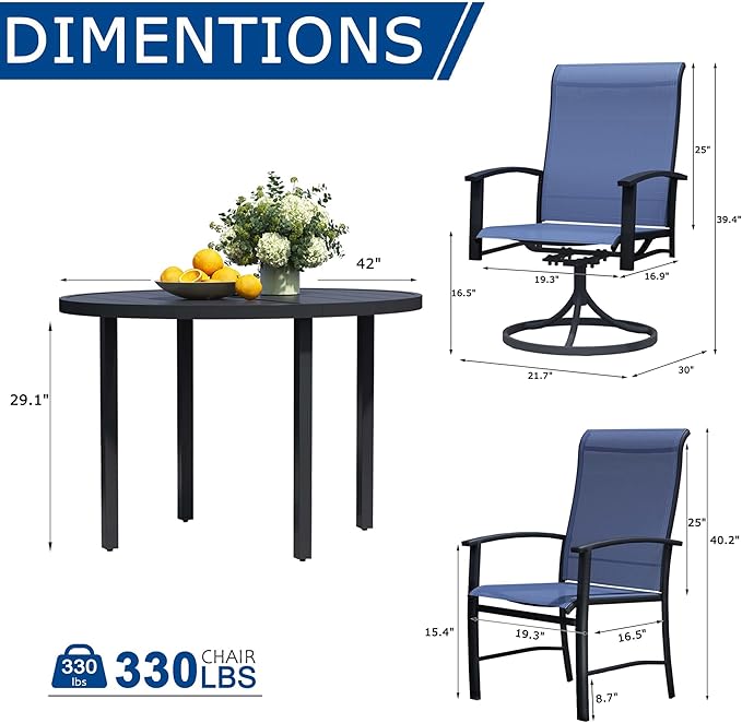 5 Pieces Outdoor Table and Chairs for 4, 42" Black Round Table with 2 Blue Swivel and 2 Big Chairs, Patio Dining Set with Swivel Chair