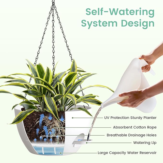 UOUZ Set of 3-10 Inch Self Watering Hanging Planters for Indoor Outdoor，Hanging Plant Pots with Drainage & Removable Tray, Hanging Pots for Pothos Plant, Spider Plants, Ferns, Balcony & Patio, White