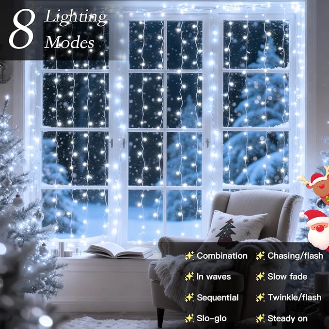 300 LED Curtain String Lights 9.8FT Plug in Fairy Lights with Timer and 8 Modes, Waterproof Window Wall Lights for Bedroom Wedding Party Indoor Outdoor Christmas Decor