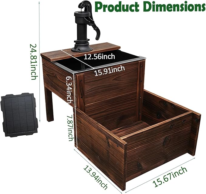 Outdoor Water Fountain，Floor Wooden Rectangular Double-Layer Old-Fashioned Pump Fountain with Flower Box，Solar-Powered Electric Decorative Hand Pump，Outdoor Water Feature for Garden Patio Backyard