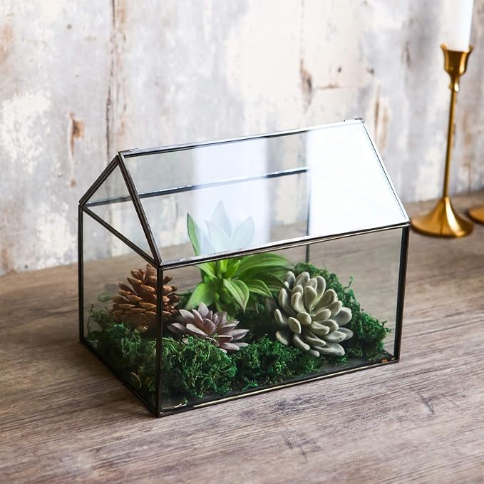 House Shape Close Glass Geometric Terrarium Tabletop Succulent Plant House Garden Planter Moss Fern Swing Lid, Flower Pot for Plants Succulent, Air Plant (Black)