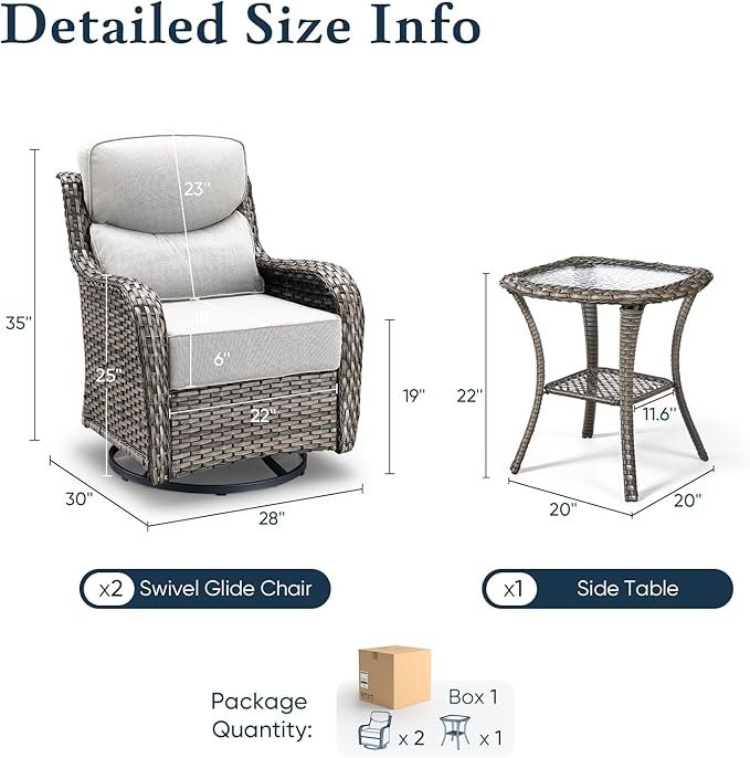 Belord Luxury 6" Thick Cushioned Outdoor Swivel Rocker Patio Chairs with Side Table, High Back Wicker Furniture Set with Ergonomic Zone Back, Conversation Glider Set for Deck Porch - Grey+Beige