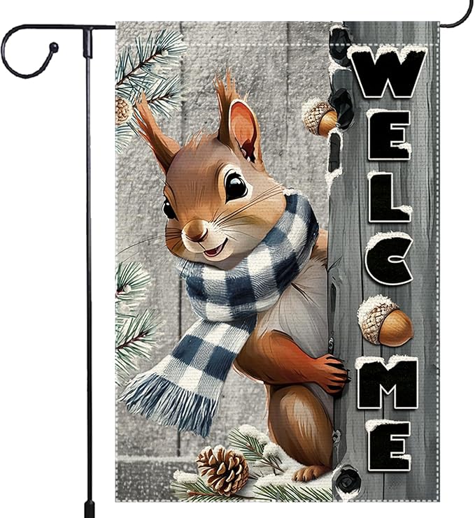 Welcome Garden Flag 12x18inch The Nut Squirrel Winter Garden Flags Yard Porch House Flag Double-Side For Home Outdoor Yard Patio Lawn Decor,Christmas Garden Decorations (RMQ-42, 12"X18")