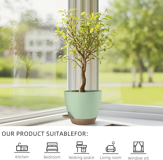 Hylitong Plant Pots 8/7.5/7/6.5/6 Inch Self Watering Pots,5 Pack Planters with Drainage Holes and Saucers,Plastic Flower Pots,Nursery Planters for Indoor Outdoor Plants (Green)