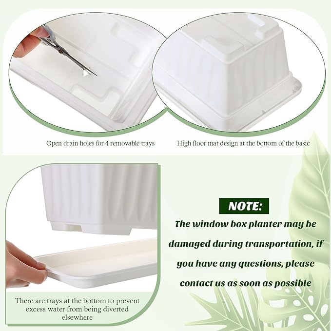 Lallisa 18 Pack Window Box Planter 17 Inches Plastic Vegetable Flower Planter Boxes with Tray White Rectangle Indoor and Outdoor Flower Pots for Windowsill, Patio, Porch, Garden, Balcony
