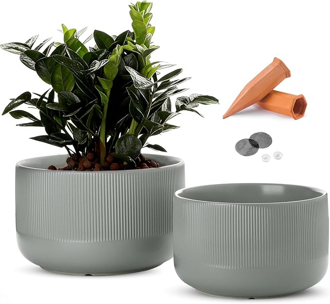 Ceramic Planters - 10+12 Inch Large Pots for Indoor & Outdoor Plants, Modern Flower Pots with Drainage Holes and Self Watering Devices, House Grey-Blue Big Plant Pot, Set of 2