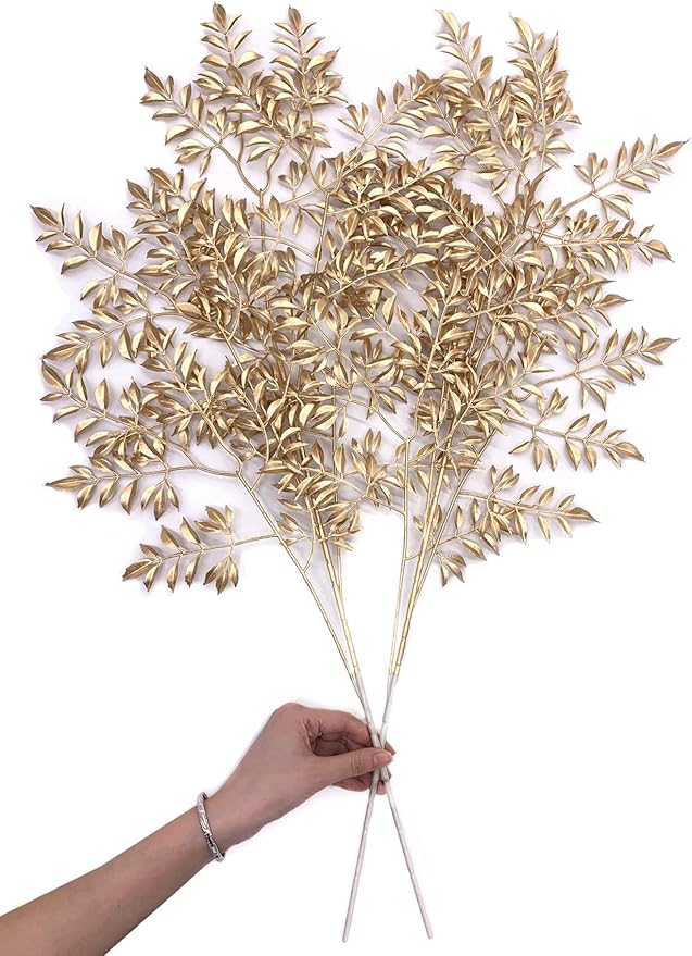 CATTREE Gold Leaves Branches Artificial Plants for Christmas Decor 30" Tall 2 Pack, Fake Shrubs Simulation Golden Leaf Faux Indoor Outdoor Planter Filler Hotel Hall Wedding DIY Decoration