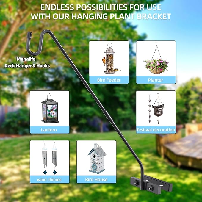 Monalife Deck Railing Plant Hanger Outdoor-Deck Hook Railing Mount，Metal Bird Feeder Hanger for Deck Railing,Fence Shepherds Hooks Pole Bracket for Hanging Hummingbird Feeder,Planter,Flower Baskets