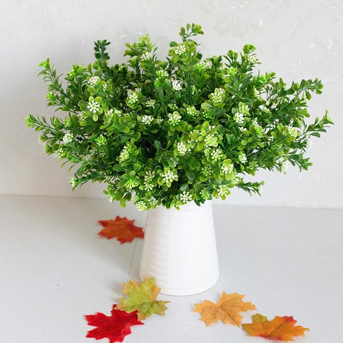 PASYOU Artificial Shrubs, Plastic Plants Fake Bean Shrub Bushes Grass Greenery Leaves Bush Indoor Outdoor Home Garden Party Verandah Wedding DIY Table Arrangement Decoration Planter Filler 8 Pack