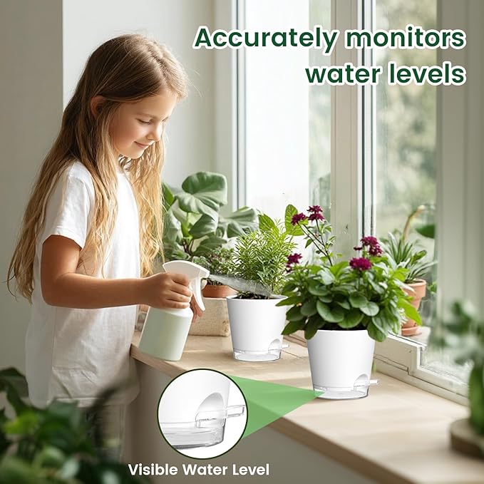 Meowell 4 inch Self Watering Pots for Indoor Plants, 5 Pack Small Flower Plant Pots with Drainage Holes and Clear Reservoirs, Visible Water Level, Plastic Planters with Wicking Rope, White