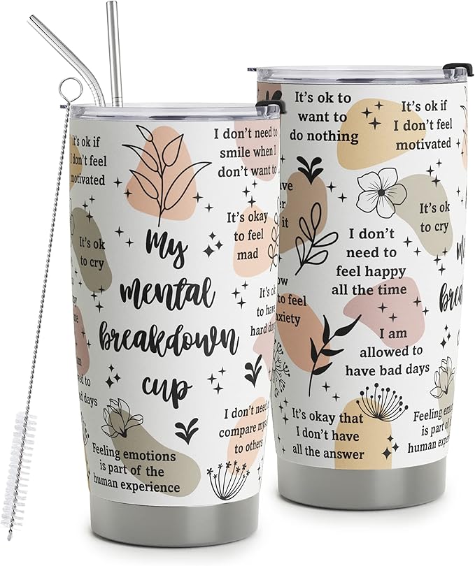 HOMISBES Mental Health Awareness Tumbler - Positive Thinking Daily Affirmation - 20oz Stainless Steel Cup - 'My Mental Breakdown' Matters