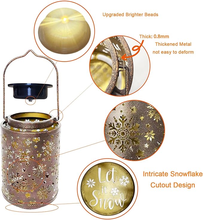 Snowflake Solar Lanterns Outdoor Waterproof, Hanging Metal Copper Lights for Garden, Patio, Porch, Yard, Romantic Valentine’s Gift for Her, Thoughtful Winter Gifts for Mom & Women