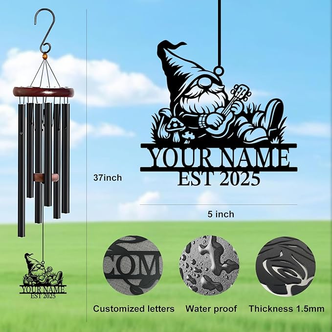 Personalized Customize Name Gnome Wind Chime, Metal Iron 37 Inch Outdoor Memorial Gift for Garden Yard Patio Home Decor, Black，Christmas (Style B)