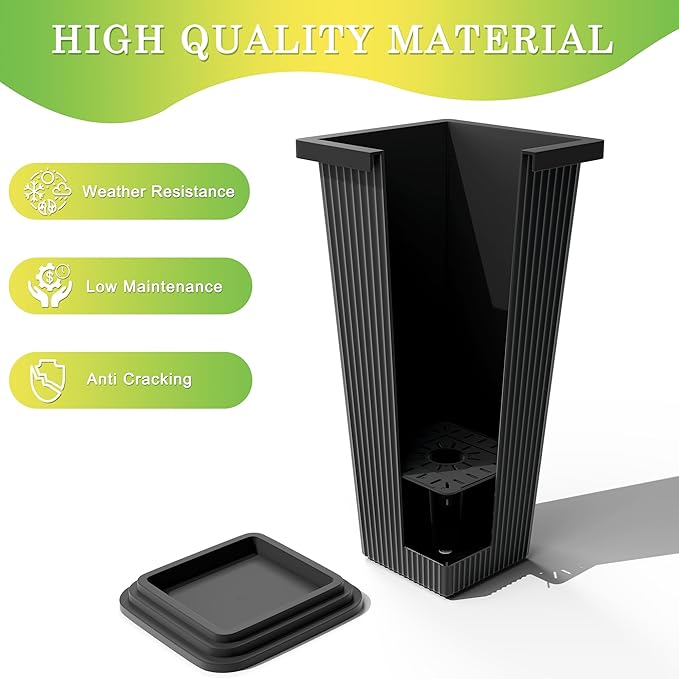 TUYOHW Set of 4 24" Tall Plastic Planters with Trays, Large Tapered Plant Pots for Indoor Outdoor Use, Modern Decorative Planters for Porch, Patio, Garden, and Backyard