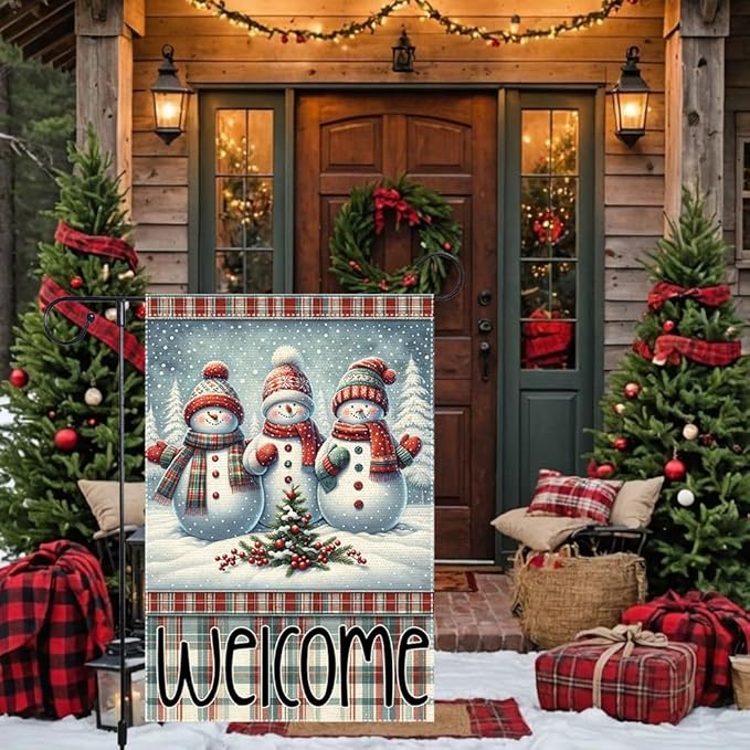 Welcome Snowman Garden Flag 12x18 Inch Double Sided Winter Christmas Burlap Yard Flag Holiday Outdoor Seasonal Decoration for House Lawn Porch Patio Home Decor