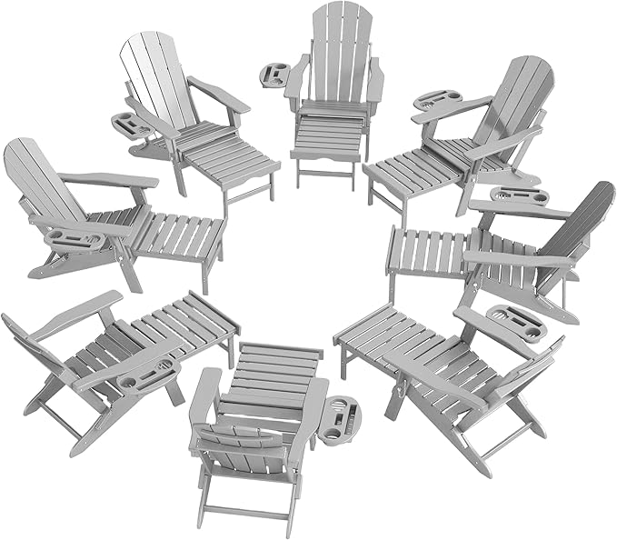 Adjustable Adirondack Chair with Retractable Ottoman Set of 8, HDPE Folding Adirondack Chair with Cup Holder, All Weather Fire Pit Chair for Outdoor.