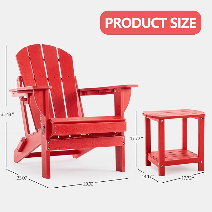 Folding Adirondack Chair Set with Side Table - HDPE Outdoor Patio Chairs, Weatherproof Chair with Reclining Back, Cup & Phone Holder, and 2-Tier Storage End Table for Firepit or Garden (Red)