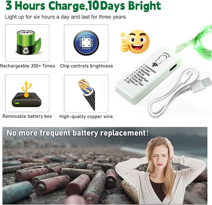 ZSJWL 6 Pack Rechargeable Fairy Lights with Remote & DIY Timer, 7Ft 20LED Mini Battery String Light, Twinkle Silver Copper Wire Lights for Wedding Party Bedroom Christmas Table Decoration (Green)