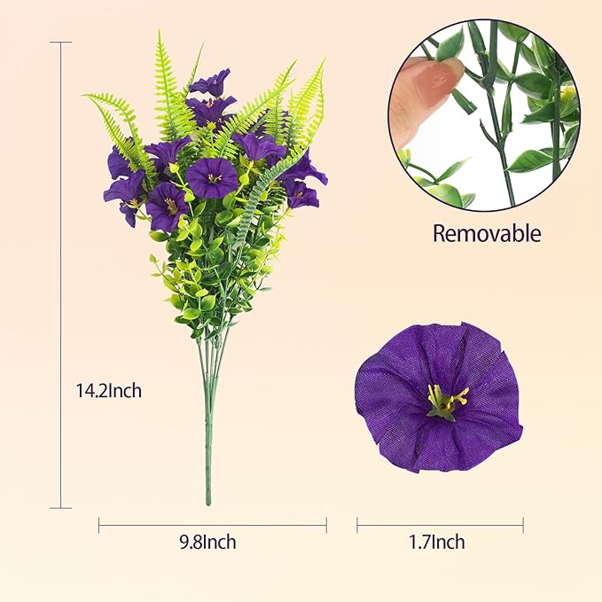 HIAGROW Artificial Flowers Outdoors 12 Bundles Artificial Petunias Fake Flowers UV Resistant Shrubs Plants with Fern for Indoor Outside Hanging Planters Home Garden Summer Decorations (Purple)