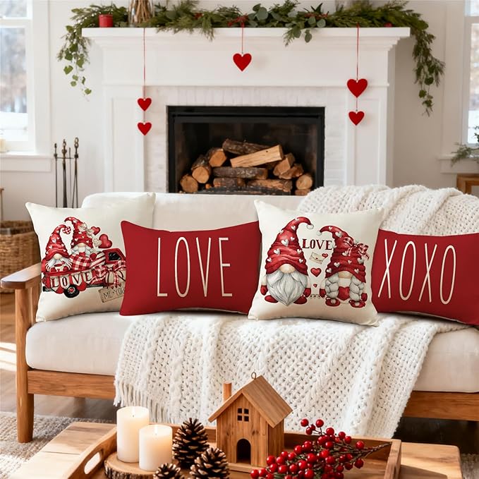 NIGHTWISH Valentine's Day Pillow Covers 12x20 Set of 4 Love Heart Truck Gnomes Valentines Day Decorations XOXO Wedding Throw Cushion Case for Sofa Couch