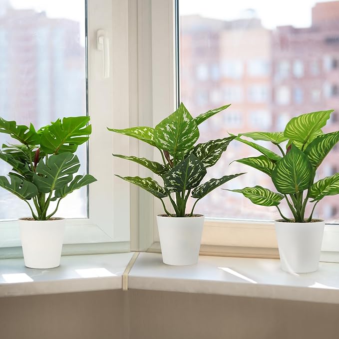 HNCSDD 11.8 Inch 3 Pcs Small Fake Plants Artificial Potted Plant Indoor Faux Tropical Plant for Home Office Table Shelf Desktop Décor