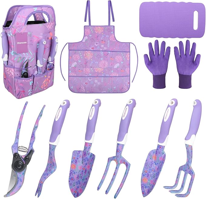iHansee Purple Garden Tool Sets 10-Piece, Aluminum Alloy Steel Hand Tools w/Non-Slip Ergonomic Handle, Floral Print Garden Supplies Organizer Handbag, Cute Gardening Tools Gift for Women Grandmother