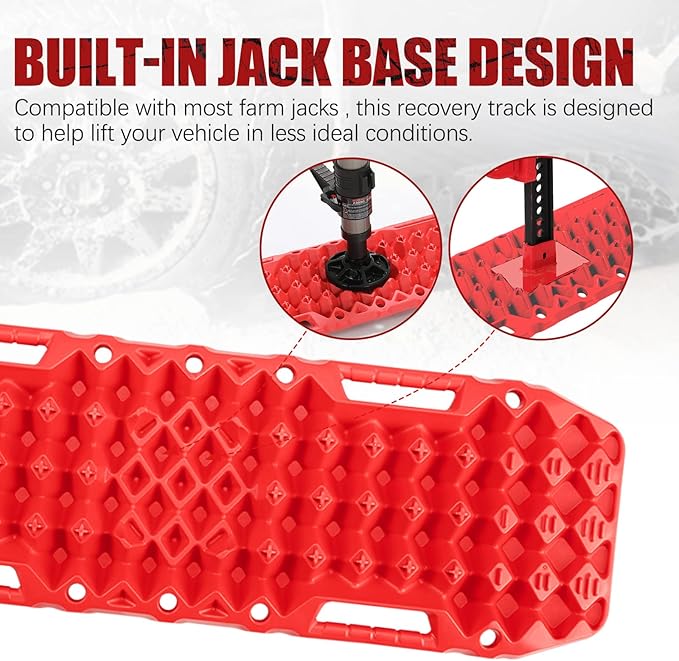 BUNKER INDUST Off-Road Traction Boards with Jack Base,Pair Recovery Track 4X4 Jeep Truck Emergency Tire Traction Mat with Bag -Sand, Mud, Snow Tracks Red Traction Pad (Gen 7th)