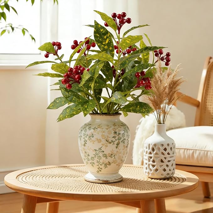 3 Pcs Artificial Greenery Plants, 18" Faux Christmas Red Berry Plants Stems for Vase Fake Leaves Branches Indoor for Table Fireplace Cabinet Livingroom Kitchen Festivals Home Decor (Yellow Green)