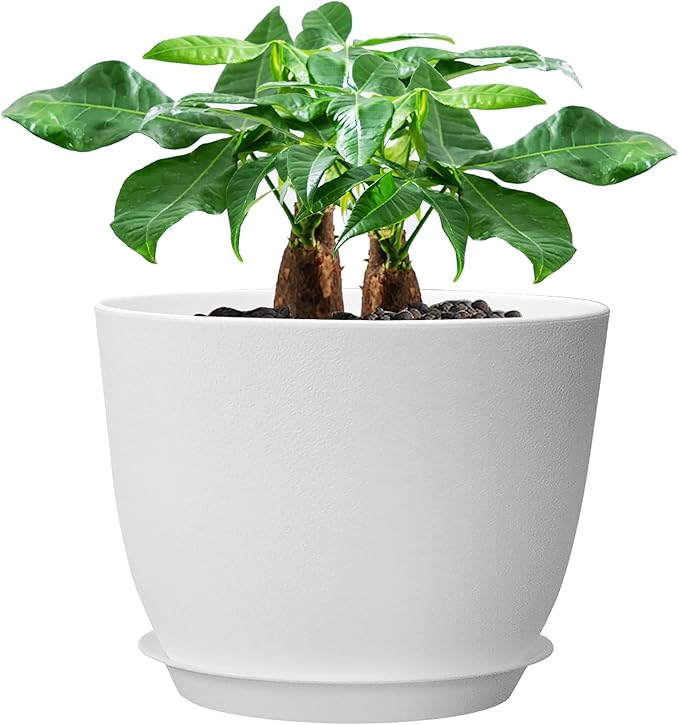 UOUZ 12inch Large Plant Pot, Modern Plastic Planter with High Driange Holes and Saucer for Indoor Outdoor Garden Plants and Flowers, White