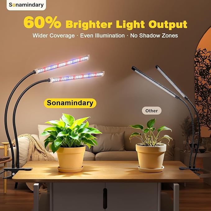 Sonamindary Grow Light for Indoor Plants, 120 LEDs Full Spectrum 5700K Plant Lamp with Red Blue White Light, 5-Level Dimmable, 4/8/12H Timer, Adjustable Clamp Stand(Dual Head)