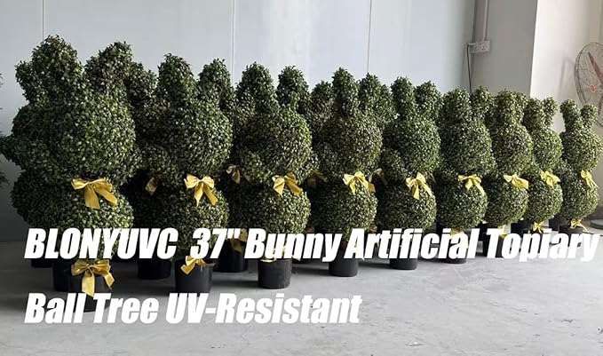 BLONYUVC 36'' Artificial Bunny-Shaped Topiary Double Ball Tree Pot UV-Resistant Bowknot Faux Boxwood Topiaries Plant for Porch Decor Outdoor/Indoor 2 Pack