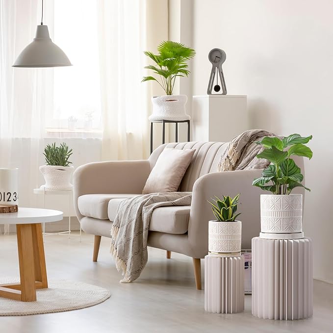 POITONRU Ceramic Plant Pots Indoor-Outdoor: 8 Inch Embossed Planters with Drainage Hole & Saucer - Modern Decorative Flower Pots for Home Garden Patio Office Decor