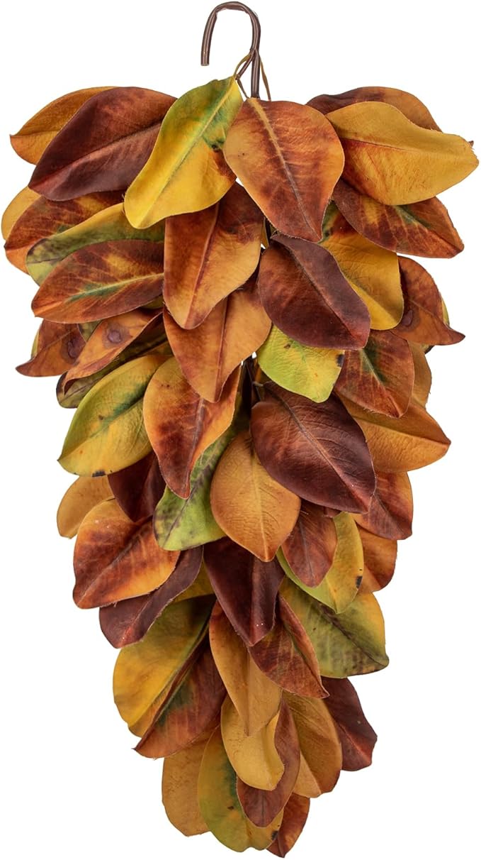 Autumn Foliage Teardrop Swag for Front Door – 27" Artificial Magnolia Leaf Garland Hanging Decoration – Fall Door, Thanksgiving Mantel & Wall Décor