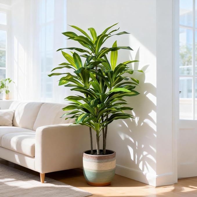 Dracaena Artificial Plant Indoor 4FT - Tall Faux Floor Plant in Pot - Large Tropical Fake Tree with Lifelike Leaves - Artificial Dracaena Tree for Home Office Living Room Decor