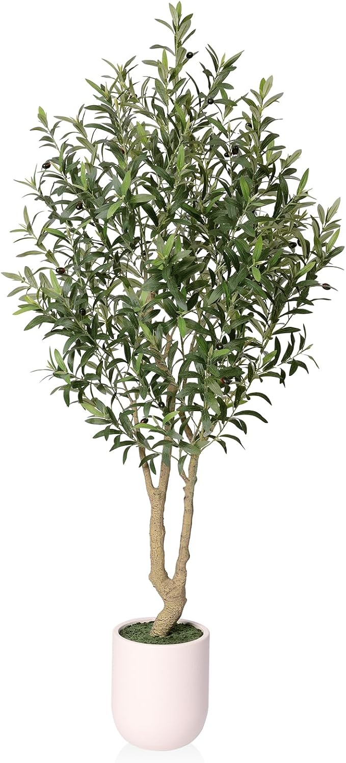 VeriNatural Artificial Olive Tree 6FT Tall, Faux Plants Indoor - Fake Plant with Lifelike Leaves,White Planter - Large Fake Olive Trees for Home Living Room Office Bedroom Floor Decor