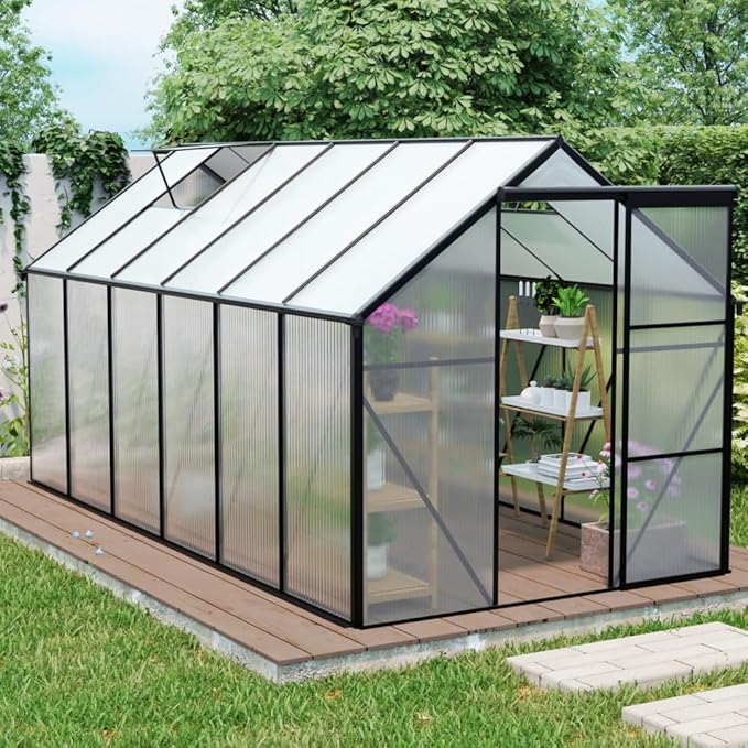 6x12 FT Polycarbonate Greenhouse Raised Base and Anchor Aluminum Heavy Duty Walk-in Greenhouses for Outdoor Backyard in All Season Black