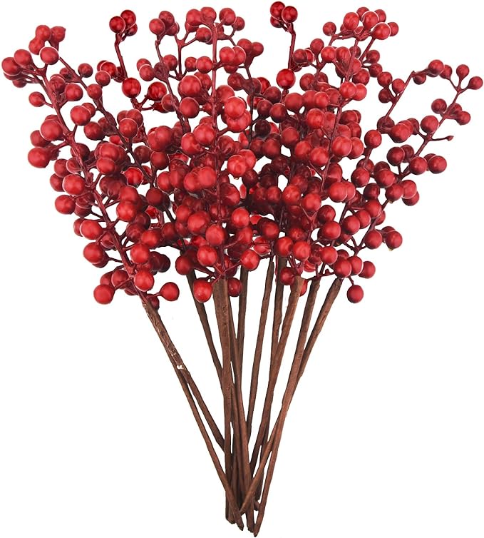 12 Pack Artificial Red Berry Stems Branches, Fake Burgundy Berry Picks Holly Berries for Christmas Tree Xmas Valenintes Wreath Decorations Floral Arrangements Home Holiday DIY Crafts Decor