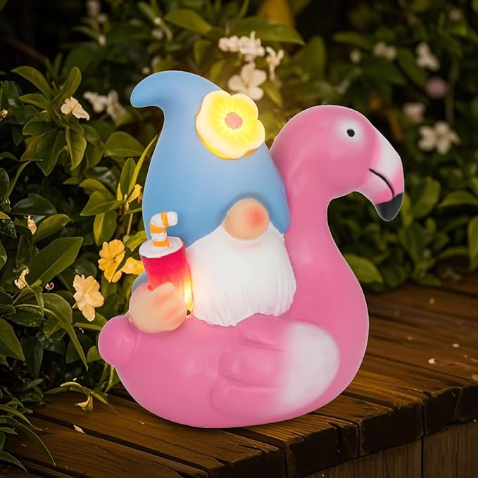 Solar Gnome Garden Decor Statue,Outdoor Funny Solar Light Decoration for Outside Yard Patio Front Porch Balcony Home - Unique Housewarming Gifts (Flamingo)
