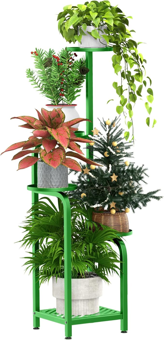 TOSKING 5 Tier Tall Plant Stand Indoor Outdoor, Heavy Duty Corner Shelf for Plants & Christmas Home Decor, Space Saving 3.9FT Metal Flower Pot Stand for Balcony, Garden, Living Room, Patio (Green, 47in)