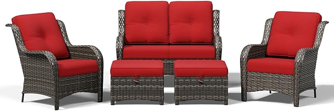 Joyside 5 Piece Wicker Patio Furniture Set, Rattan Patio Chairs with High Back, Deep Seating, Wide Armrest, Thickened Cushions, Outdoor Furniture for Deck, Porch Use
