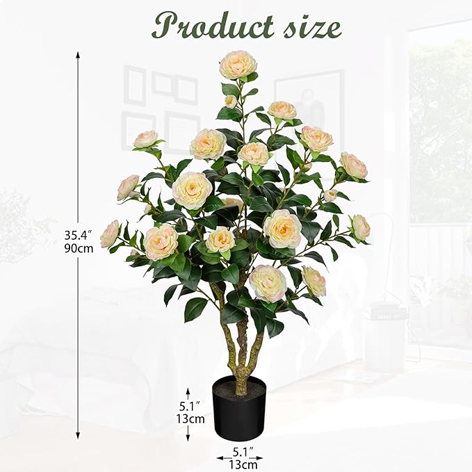 3ft Artificial Camellia Tree Fake Camellia Plant with Yellow Flowers Faux Floral Plant Blooming Tree in Black Pot for Indoor Outdoor Office Home Front Door Porch Decor (1 Pack - Yellow)