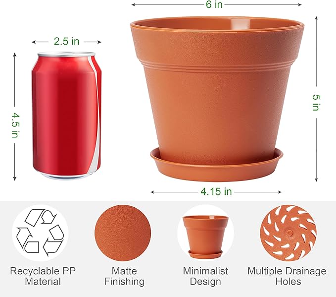 FHWTY 10 Pack Plastic Plant Pots with Drainage Holes and Tray, 6 inch Thickened Indoor Planters Seedlings Nursery Pots for Flowers, African Violet, Succulent and All House Plants, Terracotta