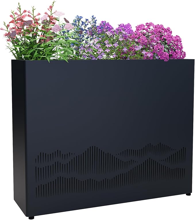 Vrtizalv Metal Rectangular Planter Box, 36” x 12” x 26” Heavy Duty Tall Rounded Corner Spliced Hollowed-Out Design Planter for Porch, Garden, Patio, Yard Outdoor Plants