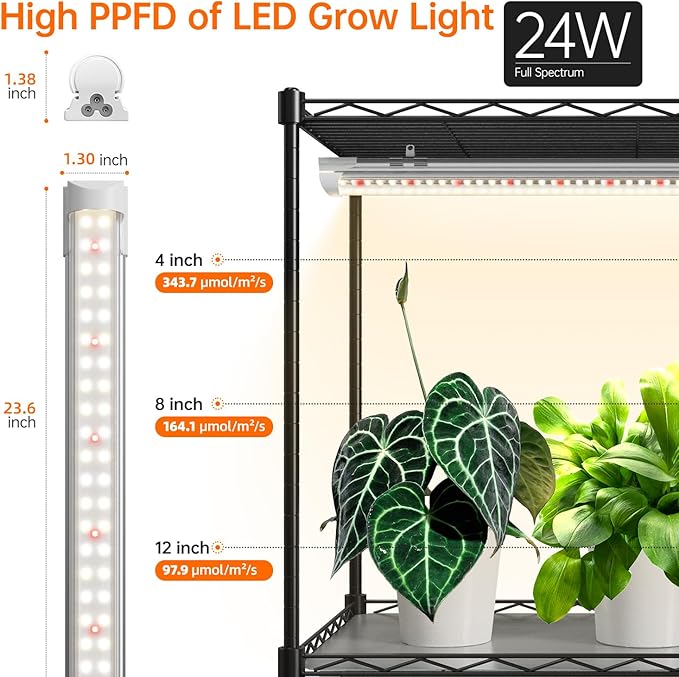 Bstrip Plant Shelf with Grow Light, 5-Tier, Metal Plant Stand with Timer, Adjustable Rack & Wheels, 4 Pack T8 Full Spectrum Grow Light for Indoor Plant, Seed Starting, Seed Tray, 23.5"x13.8"x 59"