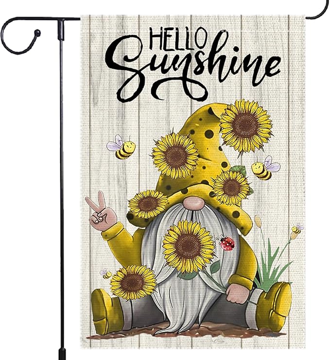 Welcome Sunshine Garden Flag 12x18 Inch Double Sided Small Burlap Gnome Sunflower Garland Summer Garden Flags Decor Home Yard Lawn Holiday Outdoor Flags Decorations