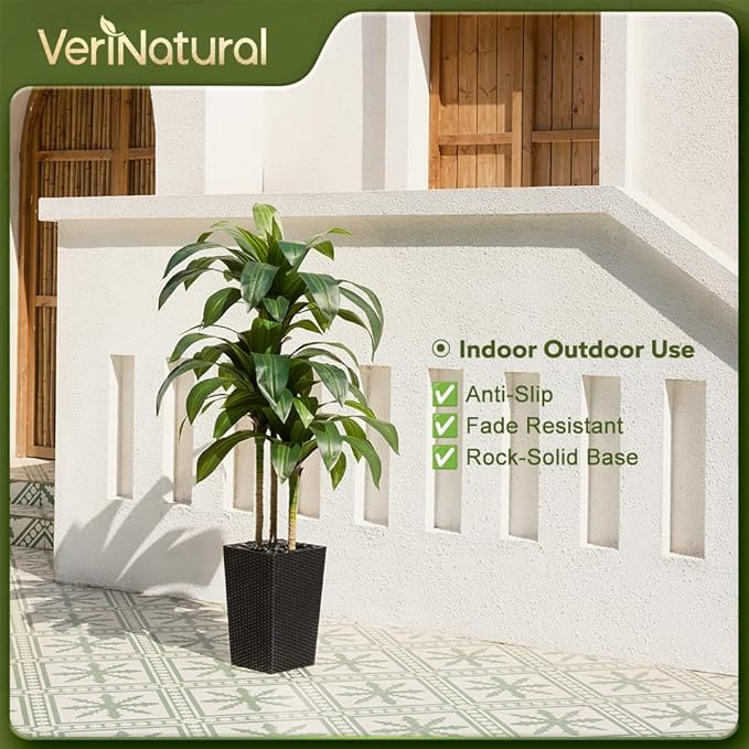 VeriNatural Artificial Dracaena Tree 5FT - Fake Tree with Black Taper Planter & Pebbles - UV Resistant Faux Yucca Tropical Plant - Artificial Trees for Home Office Living Room Decor Indoor Outdoor